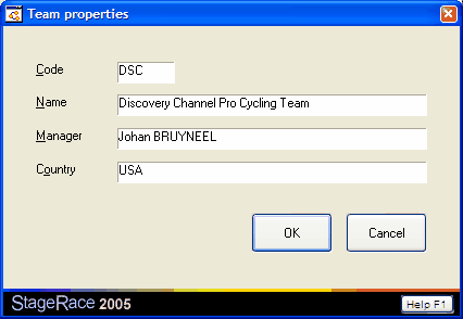 Team properties dialog