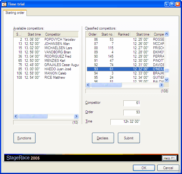 Time trial starting order dialog